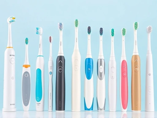다양한 종류의 전동칫솔과 일반칫솔이 나란히 놓여져 있는 이미지