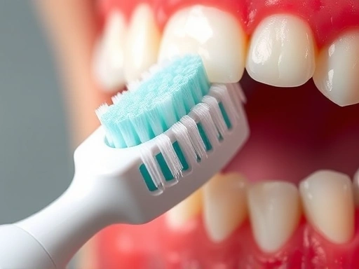 치아와 잇몸에 부드럽게 닿는 전동칫솔의 칫솔모가 클로즈업되어 있고, 올바른 칫솔질을 통해 플라그를 제거하는 섬세한 과정을 묘사하며, 구강 건강의 중요성을 강조합니다.