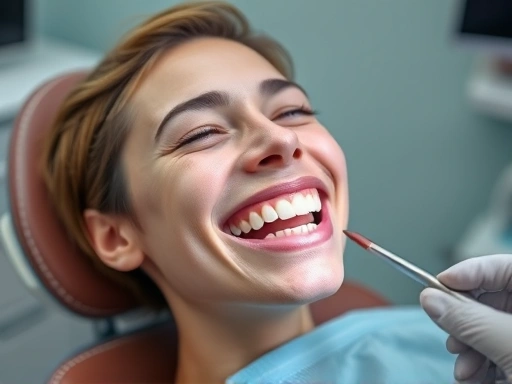 밝고 깨끗한 치아를 가진 사람이 치과 의자와 마주 앉아 정기 검진을 받는 모습