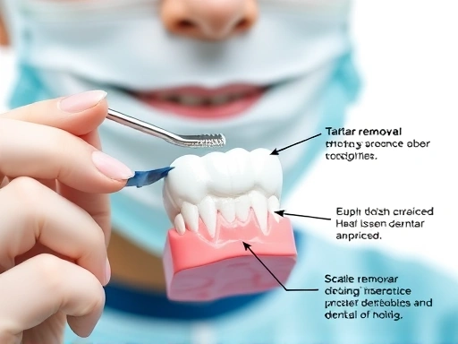 치과 전문의가 치아 모형을 사용하여 치석 제거와 올바른 칫솔질 방법을 시연하는 클로즈업 이미지