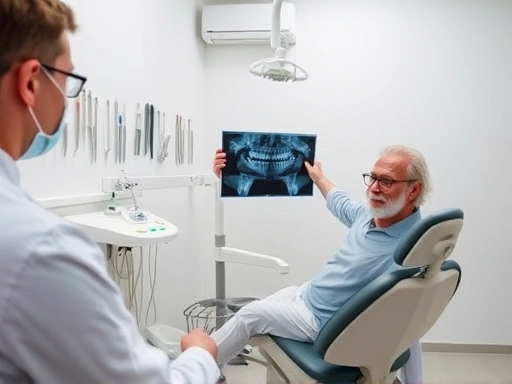 다양한 치과 검사 도구들이 배열된 진료실 풍경과 치과 의사가 환자에게 엑스레이(X-ray) 사진을 설명하는 모습