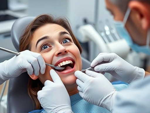 놀란 표정의 환자가 치과 의자에 앉아 있고, 치과의사가 침착하게 환자의 입안을 확인하는 장면