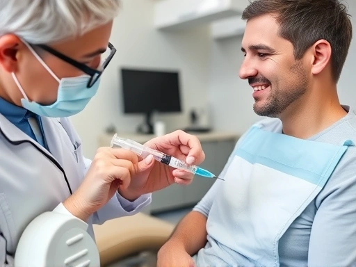 치과 의사가 환자에게 마취 주사를 설명하는 모습