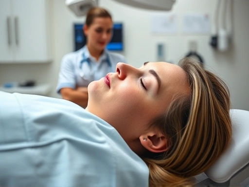 마취 후 환자가 회복실에서 편안하게 쉬고 있는 클로즈업, 옆에는 간호사가 모니터를 확인하며 보살피는 모습