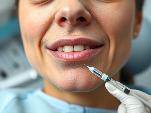 치과에서 마취 주사를 맞은 환자의 얼굴 클로즈업.