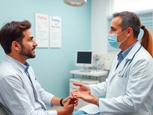 환자가 치과의사에게 질문을 하고 의사가 친절하게 설명하는 장면