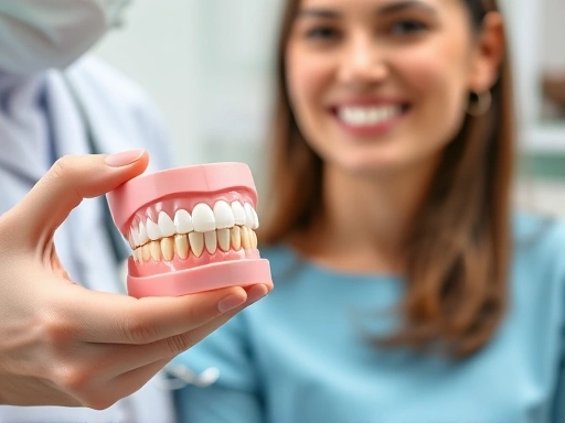 치과의사가 환자에게 치아 모형을 들고 치료 계획을 구체적으로 설명하며, 환자의 표정에서 질문에 대한 이해와 만족감을 표현하는 클로즈업 이미지