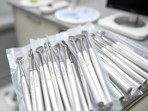치과에서 사용되는 멸균 소독된 치과 기구들이 정돈되어 있는 클로즈업 사진, 투명한 포장 안에 개별 포장된 도구들이 위생적으로 보관된 모습