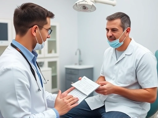 치과 진료실에서 환자가 치과의사에게 자신의 증상을 구체적으로 설명하며 질문하고 있는 모습