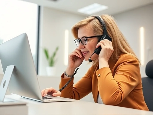 밝고 친절한 치과 접수 데스크에서 환자가 전화로 치과 예약 변경 방법을 문의하는 장면