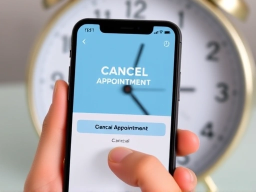 스마트폰 화면에 치과 예약 앱이 켜져 있고, 손가락이 '예약 취소' 버튼을 누르려 하는 모습