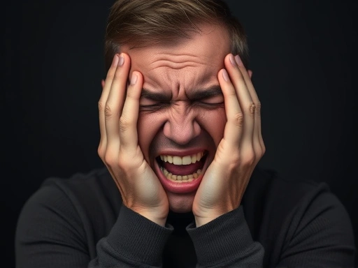 어두운 배경 앞에서 치아 통증으로 고통받는 사람의 모습