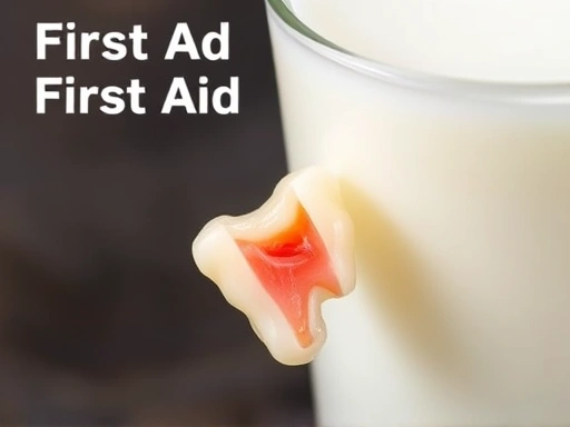 정교하게 부러진 치아 조각과 우유 한 잔이 클로즈업된 모습