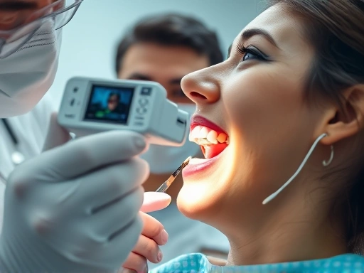 치과 진료실에서 치과의사와 치과위생사가 환자에게 구강 카메라로 치아 상태를 설명하며 진료 과정을 안내하는 클로즈업 장면