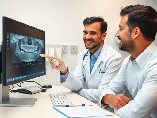 하얀색 가운을 입은 치과 의사가 환자에게 치아 방사선 사진이 보이는 모니터를 가리키며 설명하는 장면