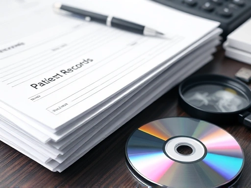 여러 개의 치과 진료 기록 서류 뭉치와 CD, USB가 깔끔하게 정돈된 책상 위에 놓여 있는 클로즈업 장면