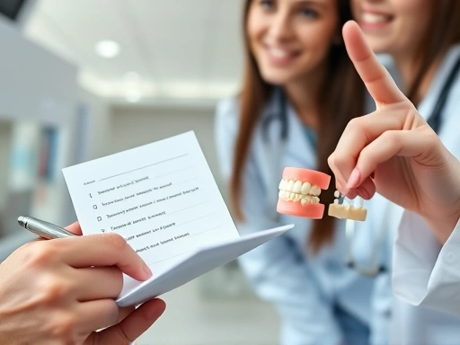 환자가 치과 상담 중 질문 목록이 적힌 메모지와 펜을 들고 있고, 의료진이 환자와 눈을 맞추며 친절하게 설명하는 모습