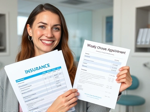 환하게 웃는 사람이 치아 보험 서류와 현명하게 선택한 치과 진료비 영수증을 들고 있는 장면