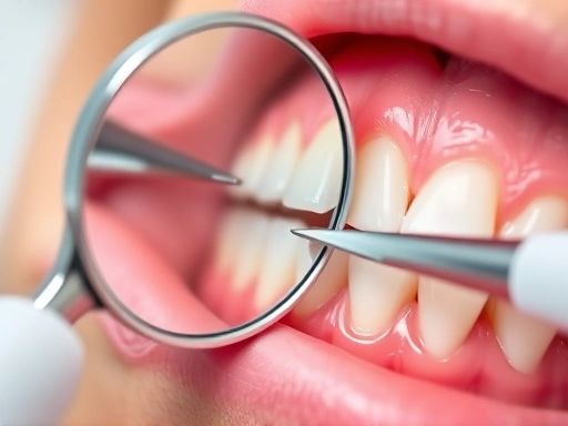치과용 미러와 탐침이 치아를 자세히 검사하는 클로즈업 이미지