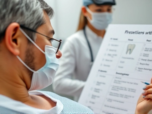 치과에서 치료를 마친 후 환자가 안심하는 표정으로 의료진의 설명을 경청하며, 의료진이 차트에 중요 사항을 강조하고 있는 클로즈업 장면