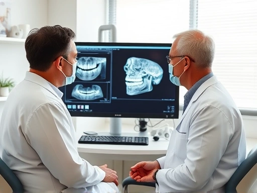 밝고 현대적인 치과 진료실에서, 치과의사가 환자에게 컴퓨터 모니터에 보이는 구강 X-ray 이미지