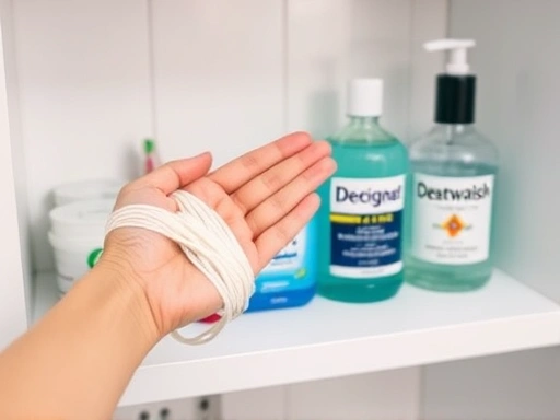 다양한 종류의 치실과 구강세정제가 진열된 깔끔한 욕실 선반.