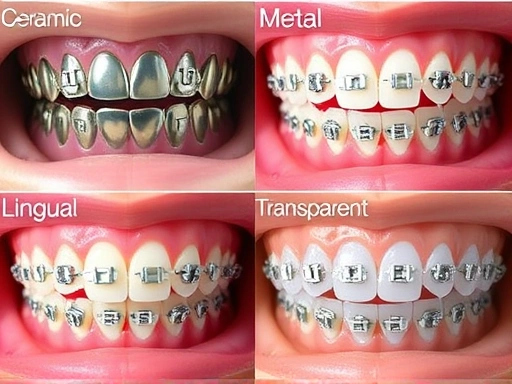 메탈, 세라믹, 설측, 투명교정 등 각기 다른 치아교정 장치의 브라켓이나 교정기가 치아에 적용된 모습