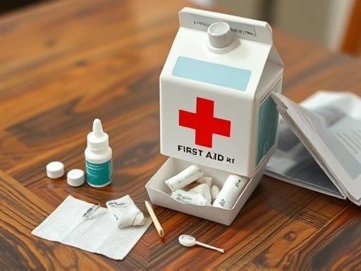 손상된 치아를 응급처치하기 위한 구급상자가 테이블 위에 놓여있고, 깨진 치아 조각을 담을 우유 팩과 진통제, 거즈가 보이는 클로즈업 사진.