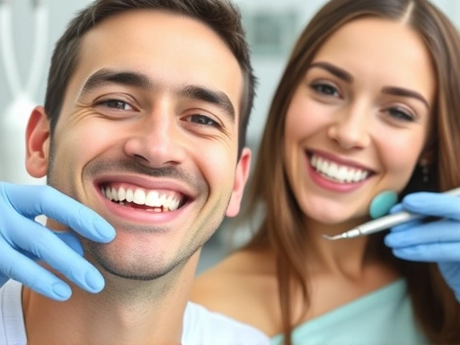 미백된 치아를 가진 행복한 남녀가 치과에서 상담받는 모습