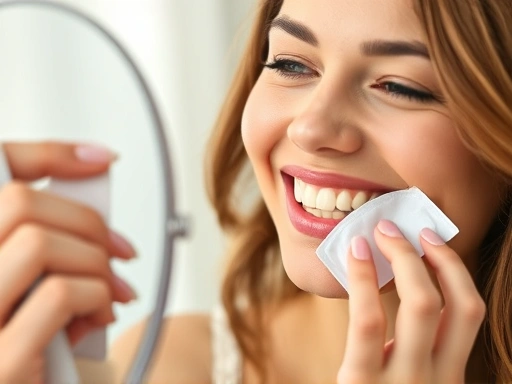 집에서 미백 패치를 사용해 거울을 보는 여성이 클로즈업된 모습