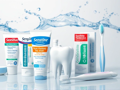 다양한 종류의 민감성 치약과 부드러운 칫솔이 가지런히 놓여 있는 모습