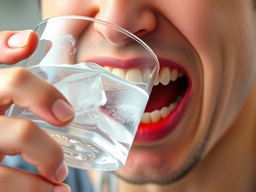 차가운 물을 마시며 이가 시려 통증을 느끼는 인물의 클로즈업 사진, 투명한 얼음물이 가득 담긴 잔과 시린 이 때문에 고통스러워하는 얼굴 표정, 치아 민감증, 이 시림, 원인.