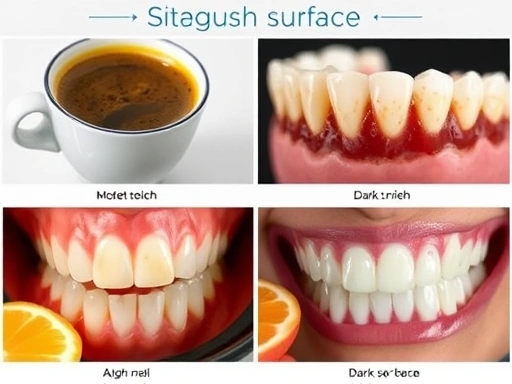 다양한 음료와 음식으로 인해 치아 표면이 착색되는 것을 시각적으로 보여주는 이미지