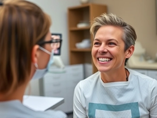 아름다운 미소를 가진 환자가 치과 의사와 상담하며 라미네이트와 크라운 시술에 대해 이야기하는 장면