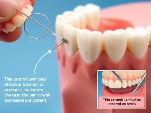 치아 모형에 얇은 세라믹 라미네이트가 부착되는 클로즈업 장면