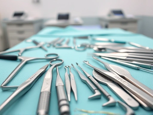 다양한 치주 수술 도구들이 정돈되어 있는 수술실 테이블의 클로즈업 샷.