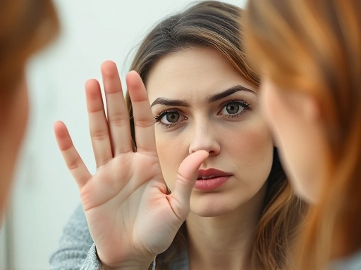 거울 앞에서 자신의 턱관절을 손으로 눌러 자가진단하는 여성이 클로즈업되어 있으며, 턱관절 소리 발생 여부를 확인하는 듯한 표정을 짓고 있는 모습