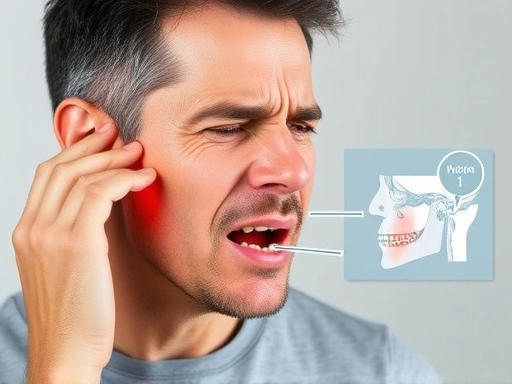 한 남성이 턱관절 통증으로 인해 턱을 만지며 불편해하고 있으며, 그 옆에는 턱관절 통증 부위와 턱관절 자가진단 방법이 설명된 이미지