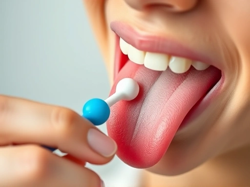 혀 클리너로 혀를 부드럽게 닦는 사람의 손과 혀 표면의 세부적인 모습