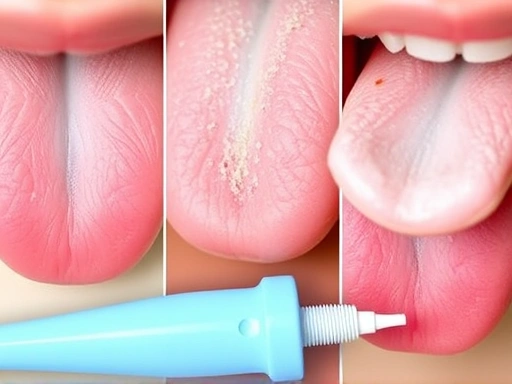 다양한 혀 색깔과 표면 상태를 클로즈업하여 보여주는 구강 건강 관련 이미지