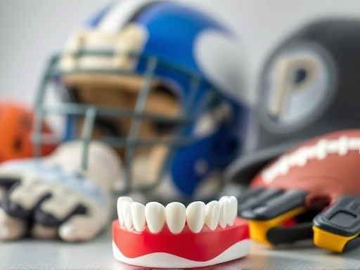 다양한 스포츠 장비와 함께 놓여 있는 구강 보호장치 클로즈업.