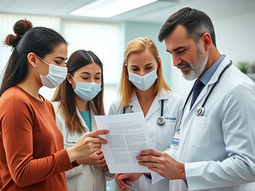 A professional, close-up shot of a diverse group of researchers and participants in a modern dental clinic setting, reviewing a consent form, emphasizing trust and collaboration in dental clinical tri...