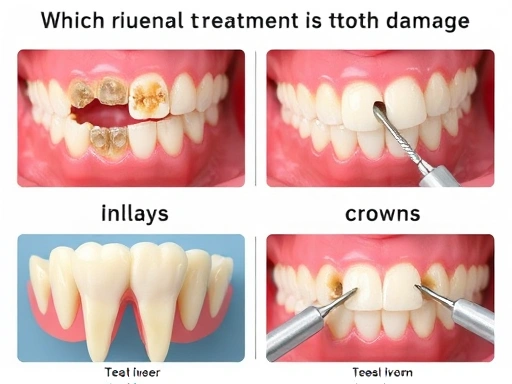 다양한 종류의 치아 손상에 따라 인레이와 크라운 중 어떤 치과 치료가 적합한지 보여주는 상세한 전경, 치아 모형과 치료 도구가 명확하게 보이는 이미지