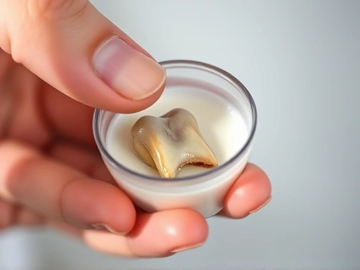 Close-up of a hand carefully placing a knocked-out tooth into a small container of milk or saline solution, illustrating the crucial preparation step for dental emergencies before visiting the emergen...