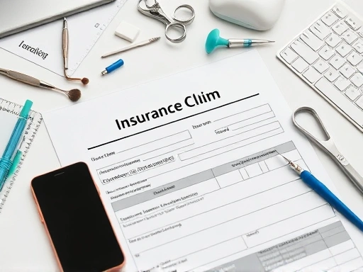 다양한 치과 치료 도구와 서류들이 놓여진 책상 위에, 보험금 청구 서류 양식이 펼쳐져 있고, 그 옆에는 스마트폰이 놓여 있어 보험금 청구 절차의 효율성을 강조하는 장면