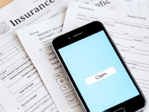 여러 보험금 청구 서류들과 치과 영수증, 그리고 스마트폰 화면에 비춰진 보험사 모바일 앱의 청구 버튼이 클로즈업된 이미지