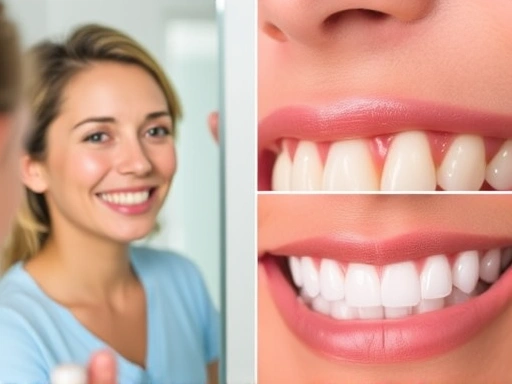 웃는 얼굴의 환자가 거울을 보며 만족스러운 미소를 짓고 있으며, 밝고 건강해진 치아를 강조하는 클로즈업 샷으로 치과 레이저 치료 후의 통증 없는 회복과 심미적 효과를 구체적으로 묘사합니다.