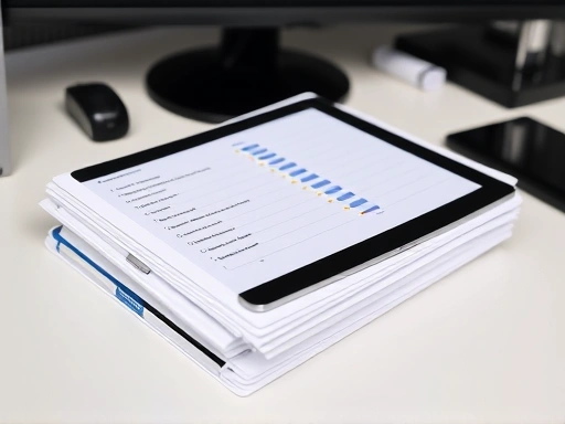다양한 종류의 치과 치료 기록들이 깔끔하게 정리된 폴더와 디지털 태블릿 화면이 조화롭게 놓여있는 책상 위 장면