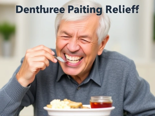 틀니를 착용한 사람이 잇몸 통증으로 인해 불편함을 느끼며 부드러운 음식을 먹으려는 모습