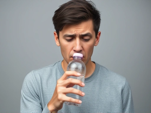 입안이 심하게 말라 불편함을 느끼는 사람이 물병을 들고 고민하는 모습